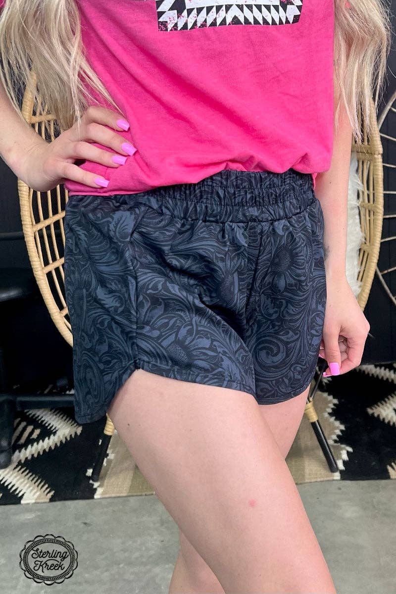 Sterling Kreek "Sheridan" Tooled Print Western Shorts — Midnight Black with Statement Tooled Detailing (small remaining)