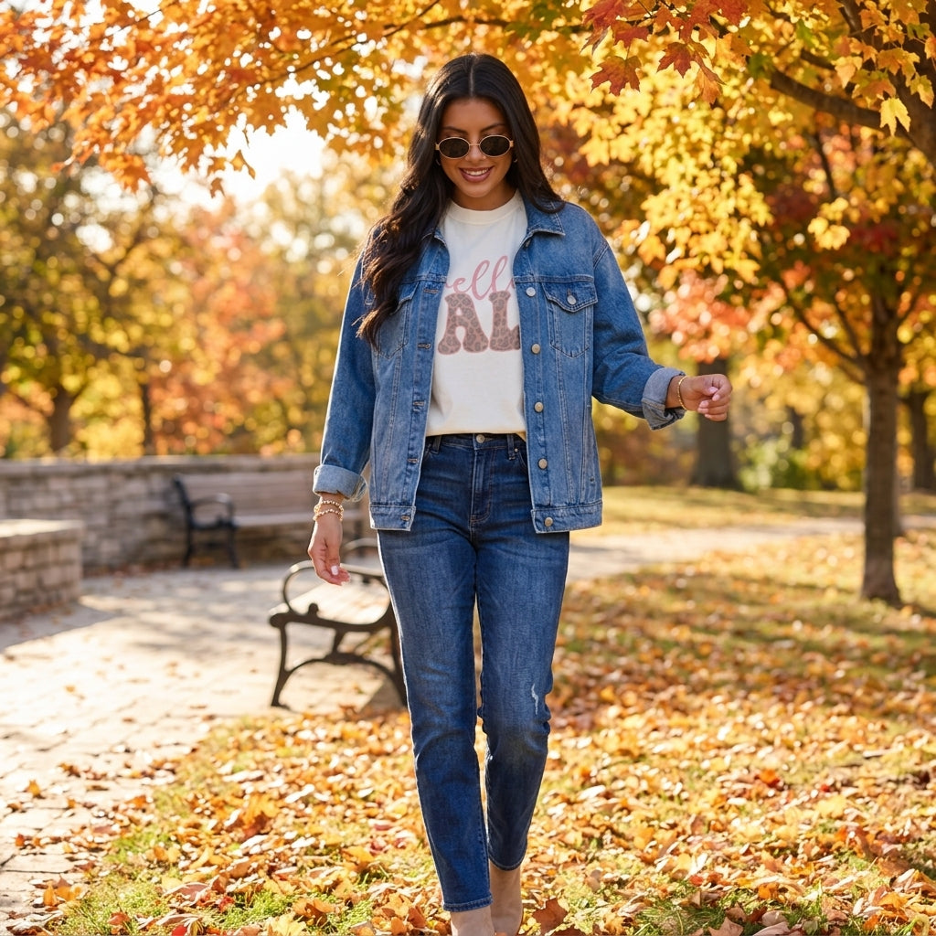 Model wearing Hello Fall Leopard Ivory Graphic Tee and walking through an autumn park
