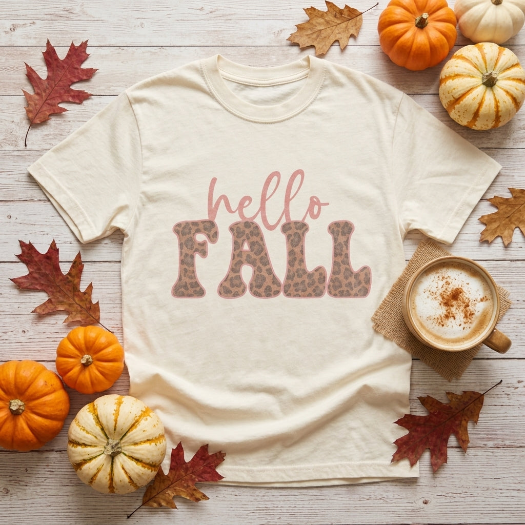 Cozy fall lifestyle flat lay with Hello Fall Leopard Ivory Graphic Tee next to a latte and pumpkins