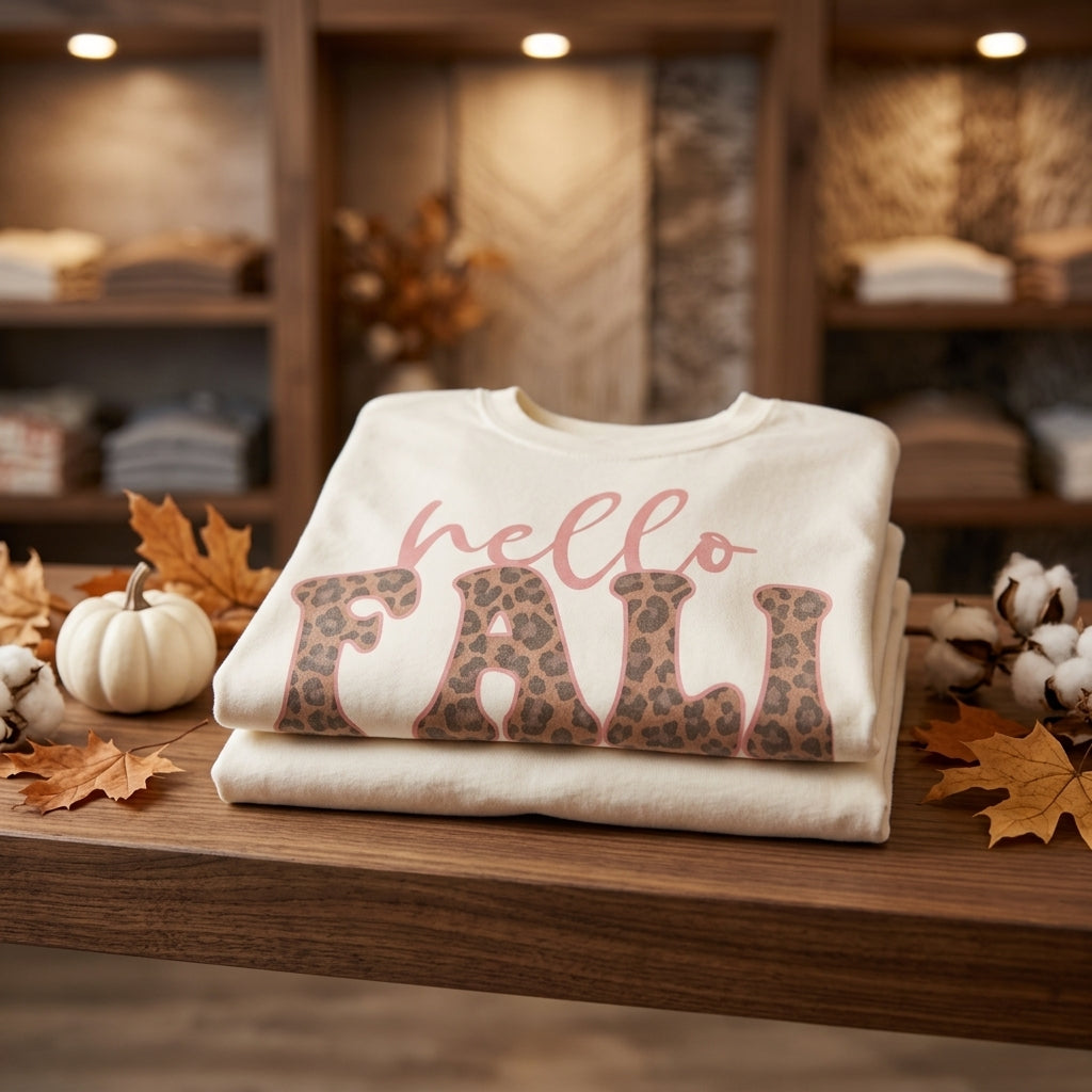 Hello Fall Leopard Ivory Graphic Tee neatly folded on a boutique retail shelf display