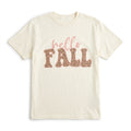 Ivory Hello Fall graphic tee with leopard print lettering and rose script