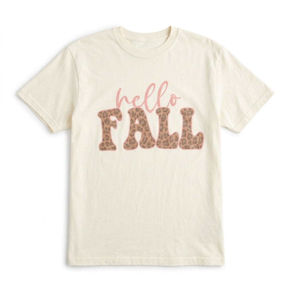 Hello Fall Leopard Ivory Graphic Tee studio flat lay on seamless white background
