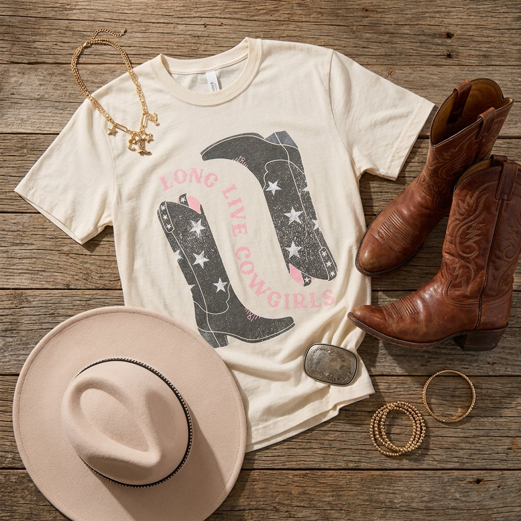 Comfort Colors Western Graphic Tee - Rustic Flat Lay with Cowboy Boots and Hat