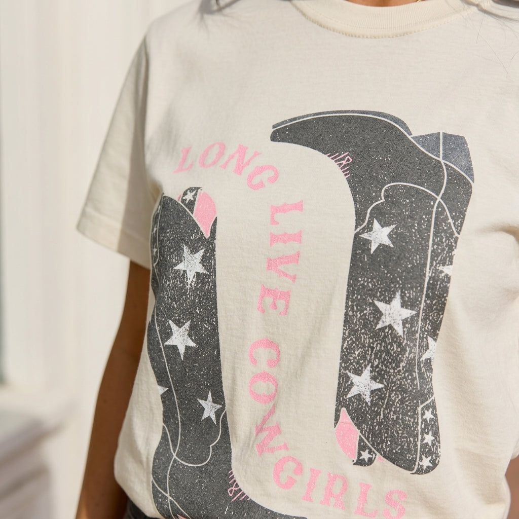 Comfort Colors Western Graphic Tee - Close-up on Pink Text & Star Boots Print