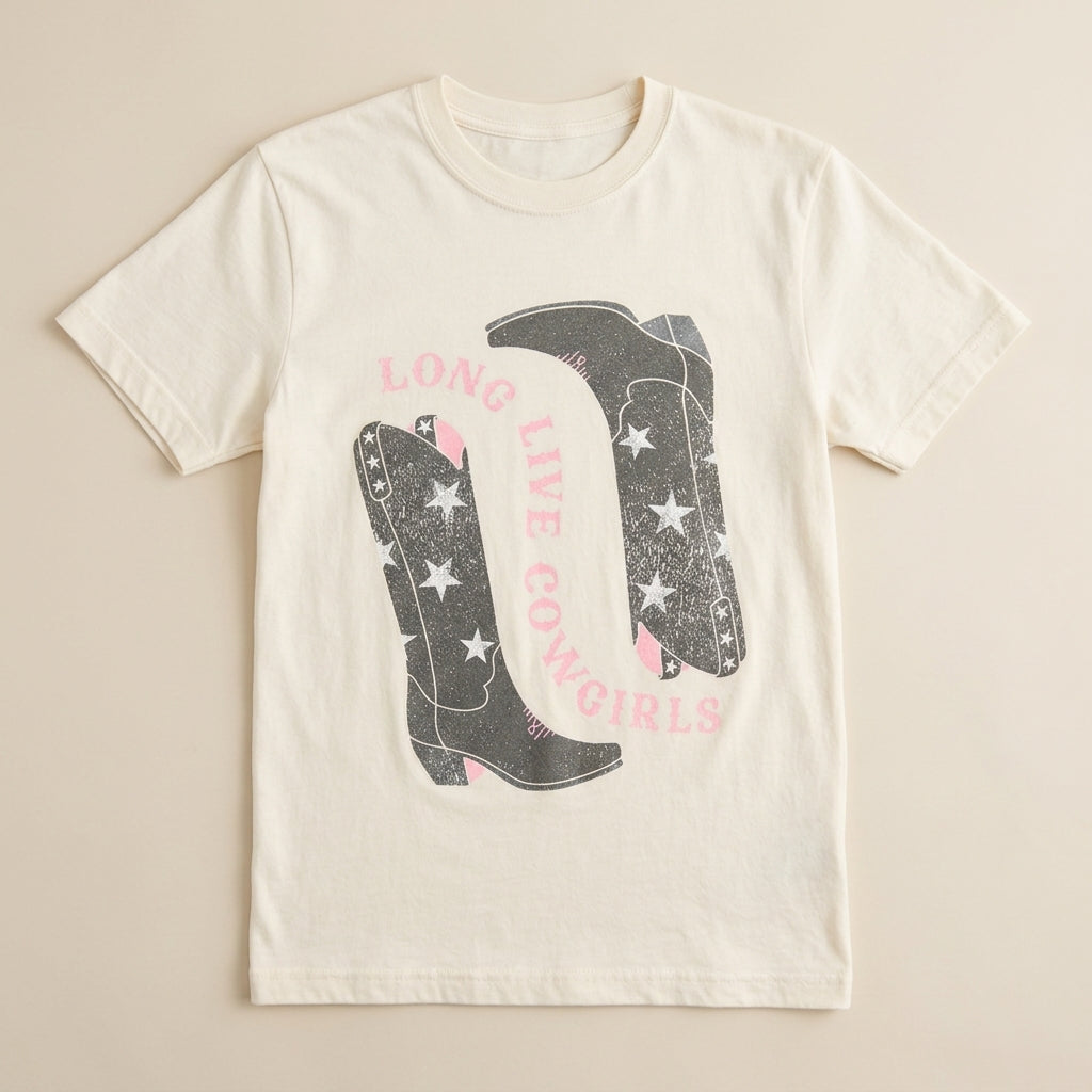 Comfort Colors Western Graphic Tee - Flat Lay of Long Live Cowgirls Ivory Shirt