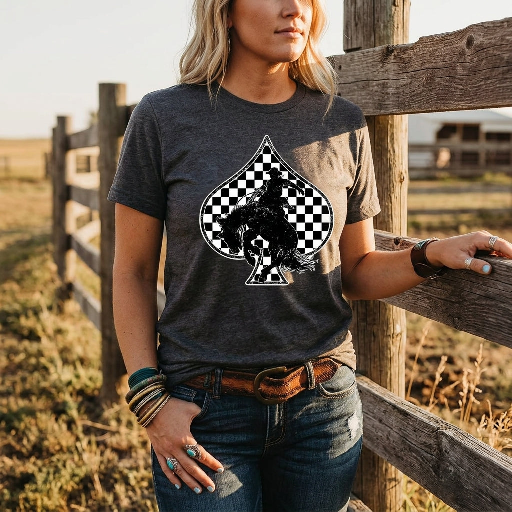 Lifestyle view of the Redeo Check Spades Western Graphic T-Shirt at a ranch