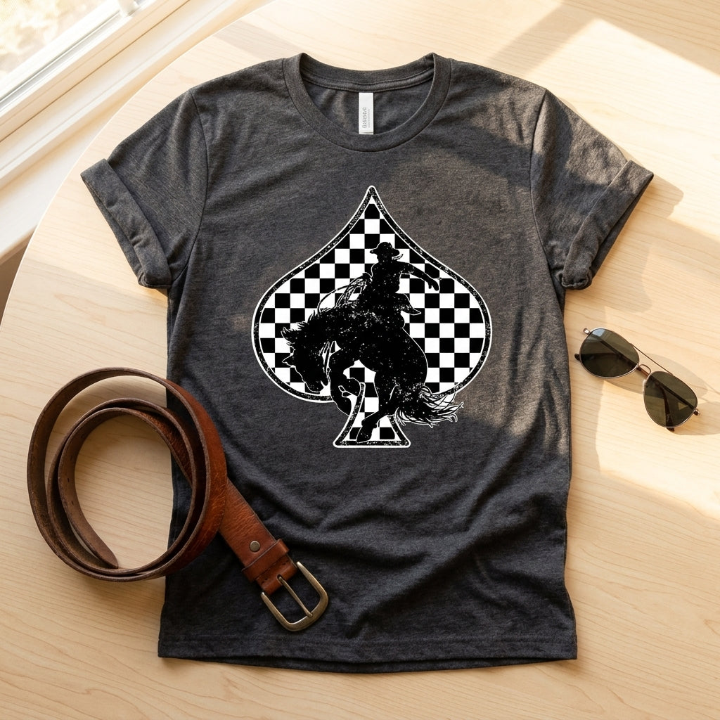 Stylized flat lay of the Redeo Check Spades Western Graphic T-Shirt