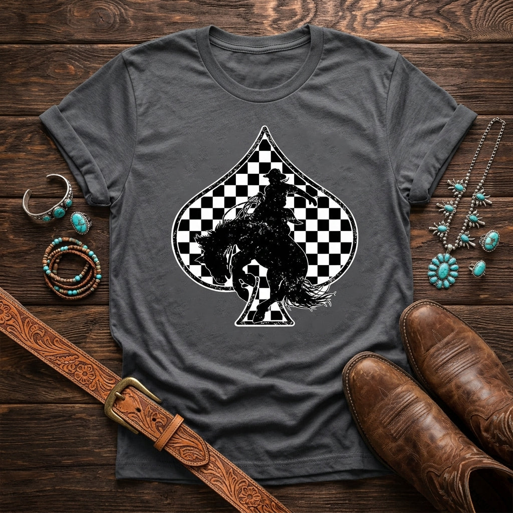 Western styled flat-lay of the Redeo Check Spades Western Graphic T-Shirt