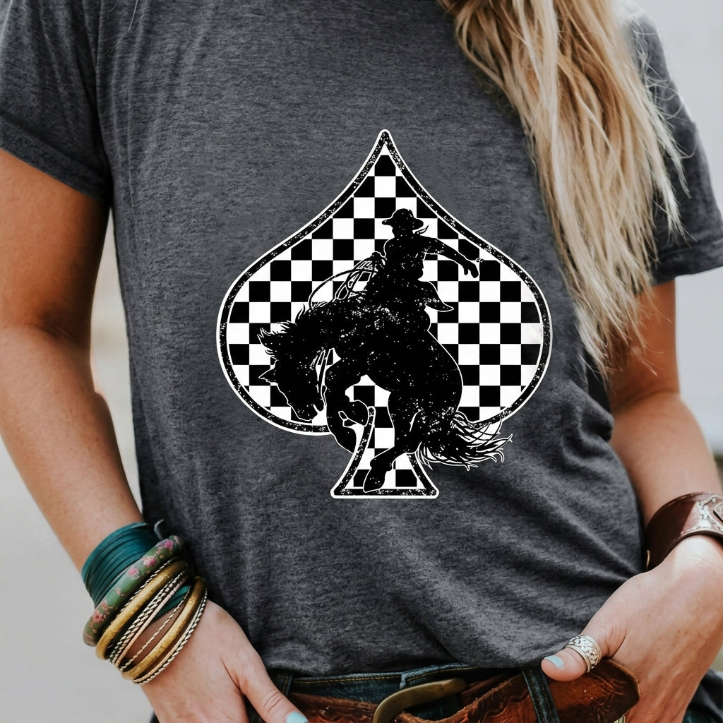 Close-up graphic detail of the Redeo Check Spades Western Graphic T-Shirt