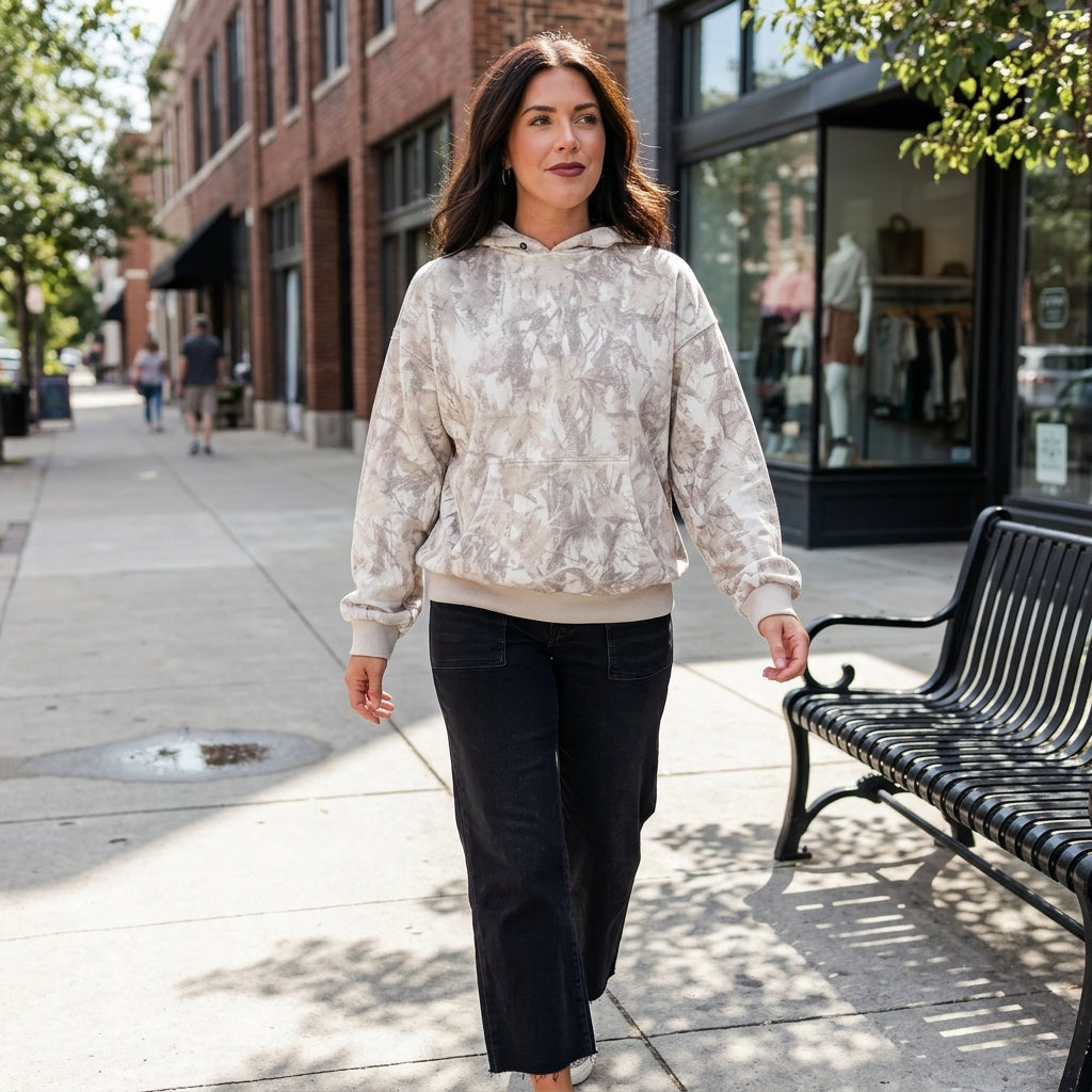Candid Street Style of Cozy Gray Abstract Print Hoodie on Model