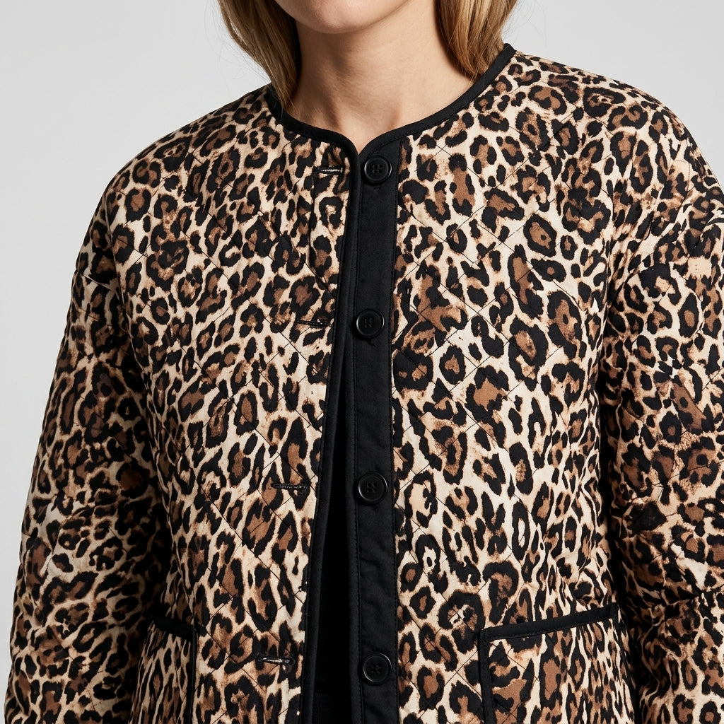 Brown Leopard Print Quilted Button Front Patch Pockets Jacket - Detailed Fabric Close-up