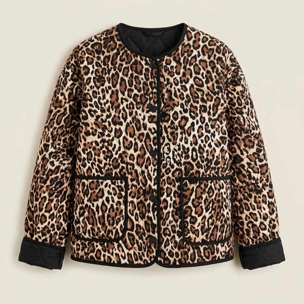 Brown Leopard Print Quilted Button Front Patch Pockets Jacket - Studio Product Shot