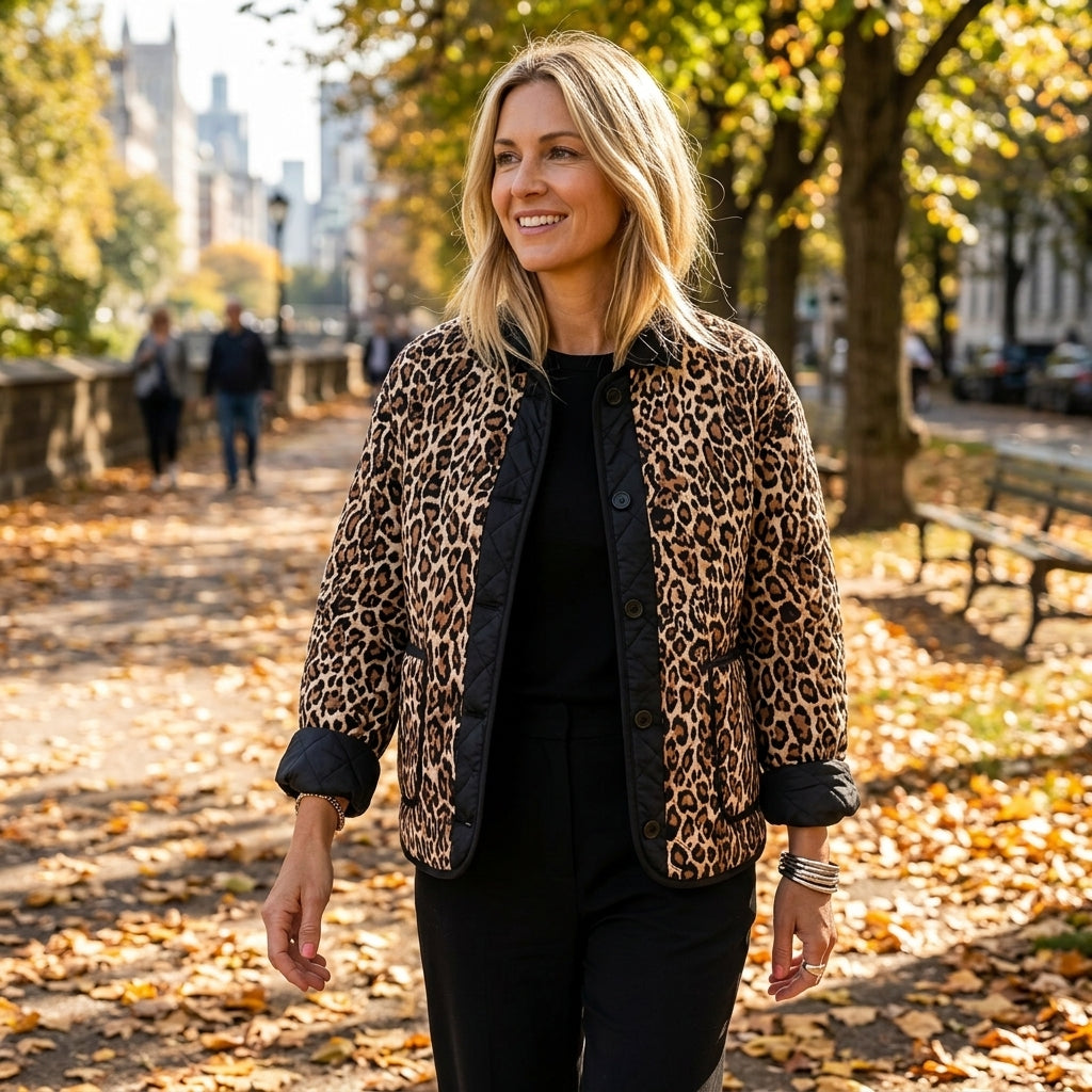 Brown Leopard Print Quilted Button Front Patch Pockets Jacket - Outdoor Lifestyle View