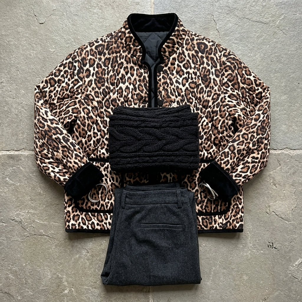 Brown Leopard Print Quilted Button Front Patch Pockets Jacket - Styled Flat Lay View
