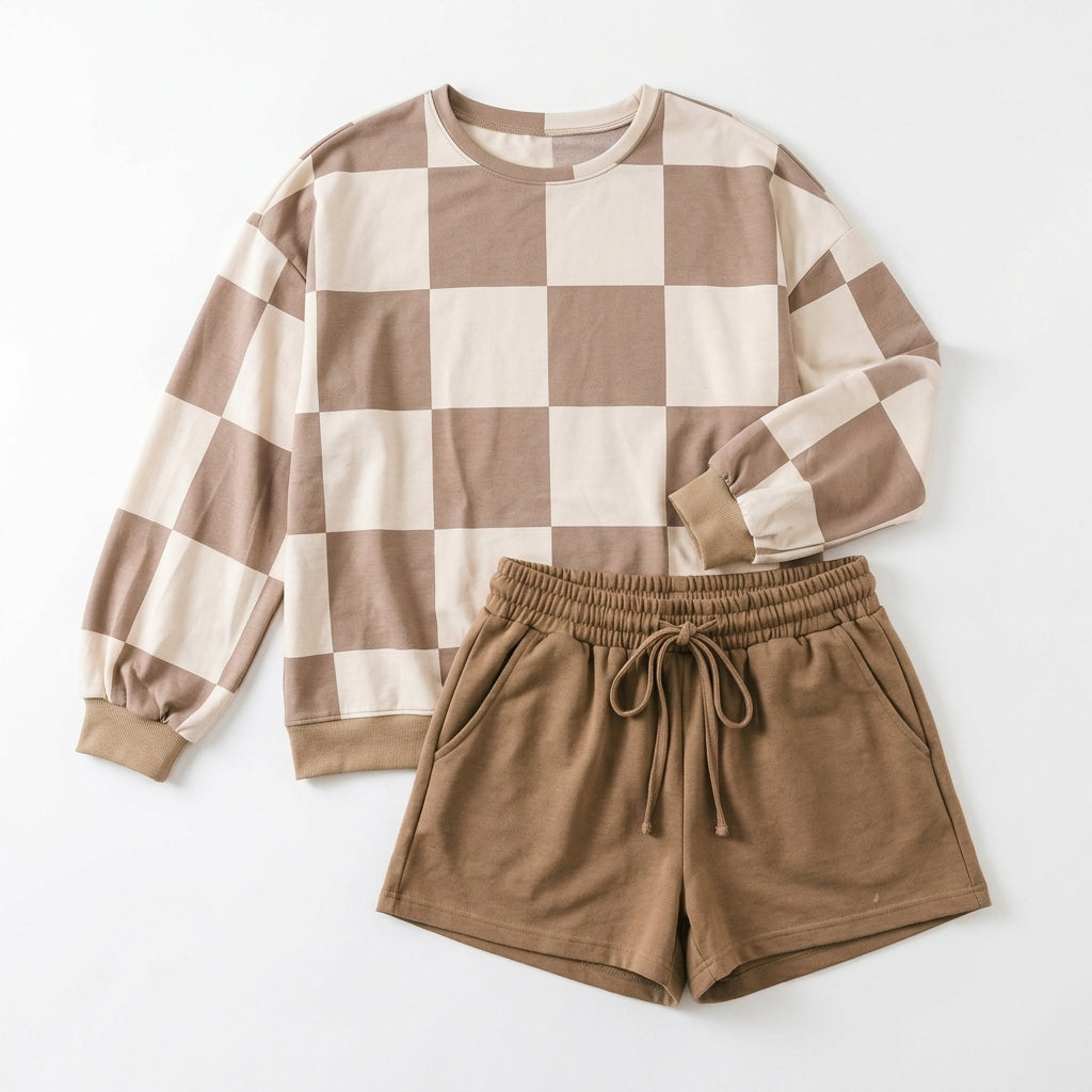 Plus Size Khaki Checkered Long Sleeve Top and Shorts Set flat lay view