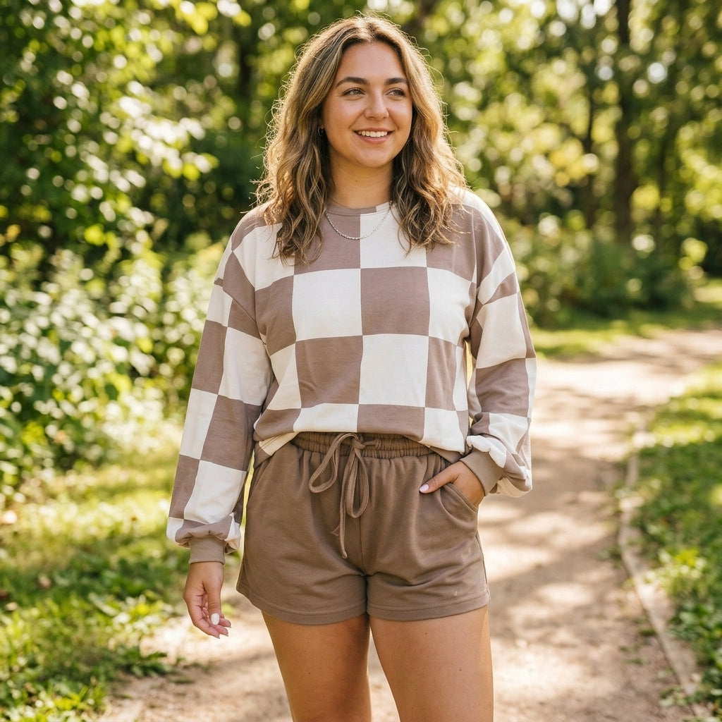 Outdoor lifestyle view of model in Plus Size Khaki Checkered loungewear set