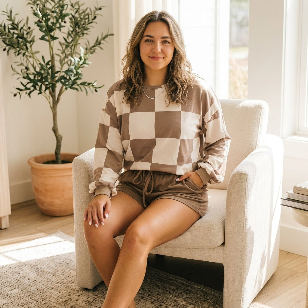 Plus Size Khaki Checkered Lounge Set on a model in a modern cozy room