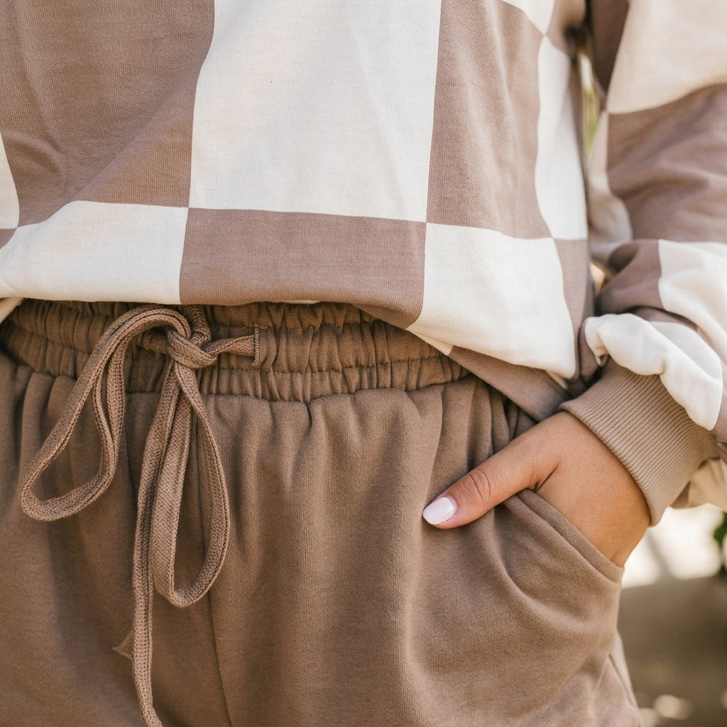 Detailed fabric zoom-in of the Plus Size Khaki Checkered Lounge Set showing premium textures
