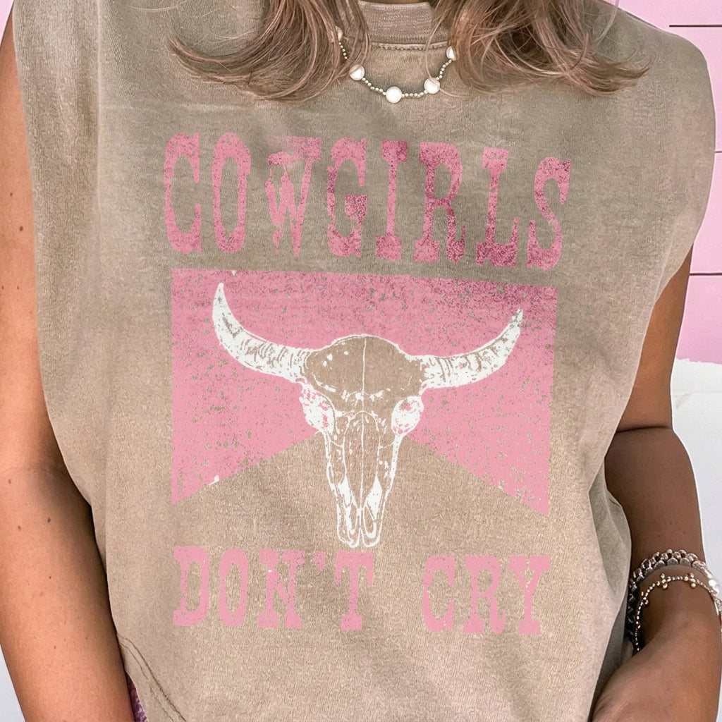 Fabric and graphic print close-up detail of Cowgirls Don't Cry tank