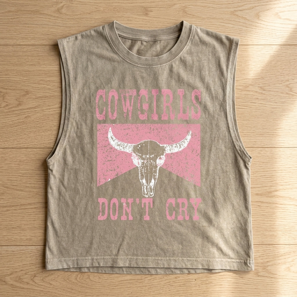 Studio flat lay of Cowgirls Don't Cry mineral wash tank top