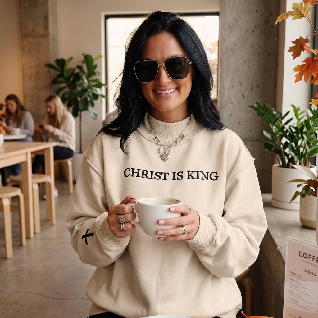 Lifestyle photograph of Beige CHRIST IS KING Embroidery High Neck Baggy Sweatshirt in a modern cozy cafe setting