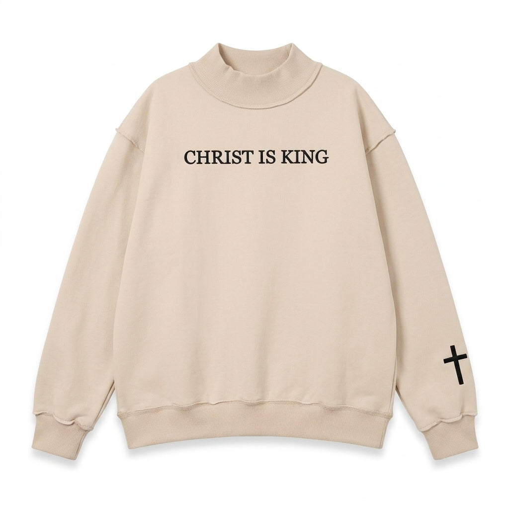 Studio main product photo of Beige CHRIST IS KING Embroidery High Neck Baggy Sweatshirt on a pure white background
