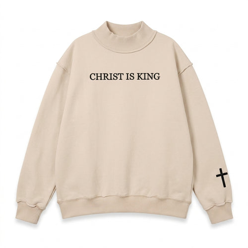 Studio main product photo of Beige CHRIST IS KING Embroidery High Neck Baggy Sweatshirt on a pure white background