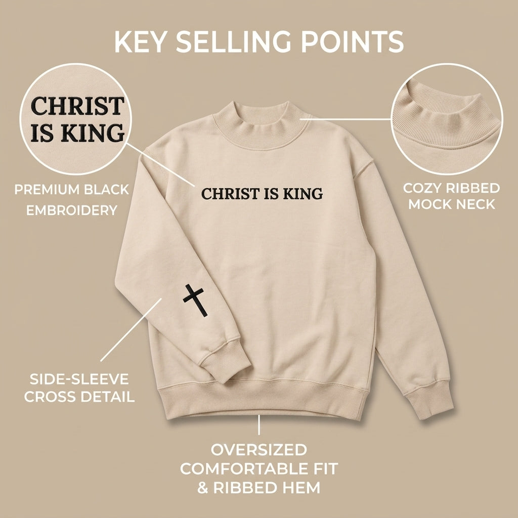 Product presentation and feature highlight layout of the Beige CHRIST IS KING Sweatshirt