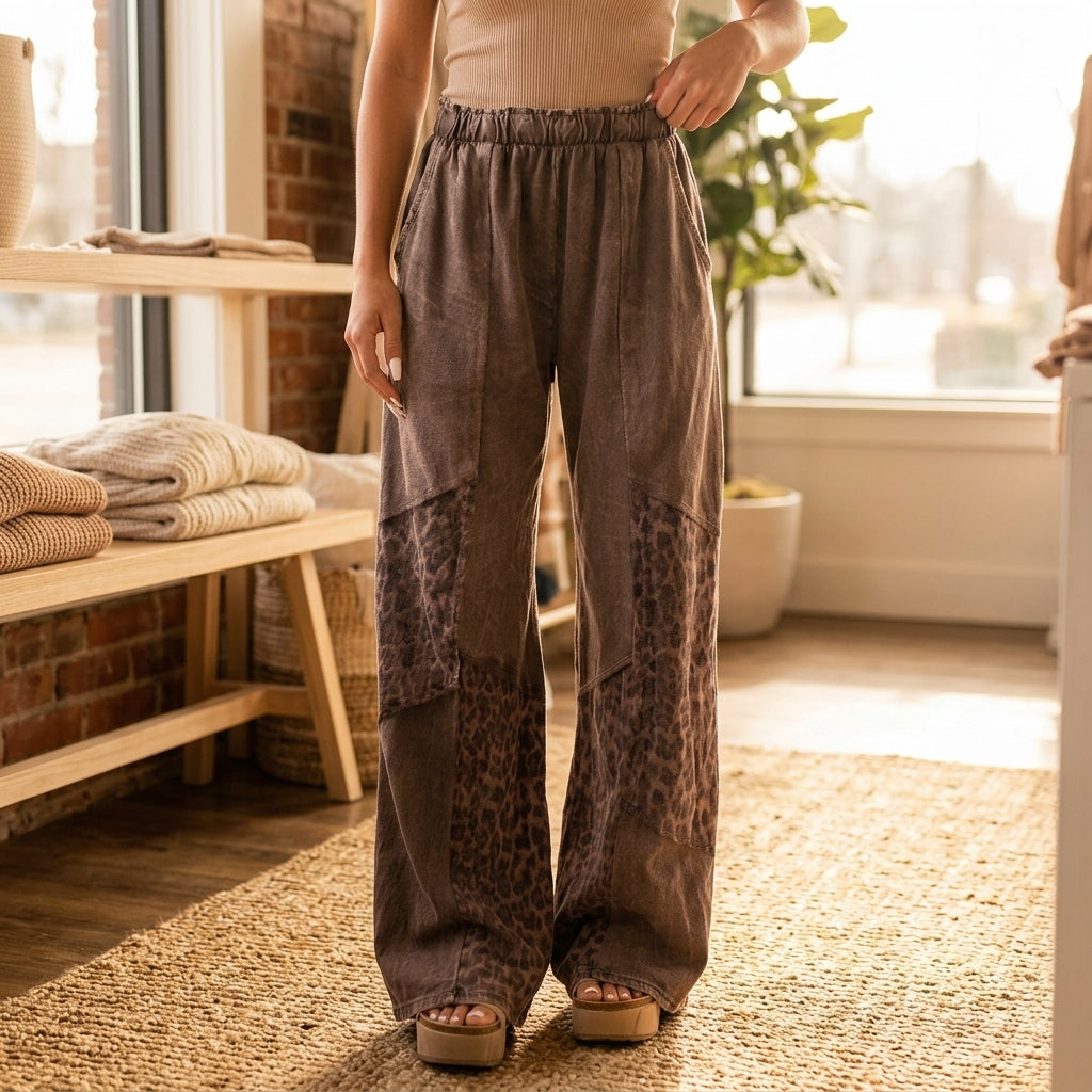 Model styled in Coffee Mineral Wash Leopard Patchwork Loose Pants