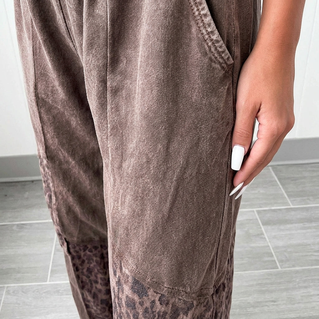 Fabric detail of Coffee Mineral Wash Leopard Patchwork Loose Pants