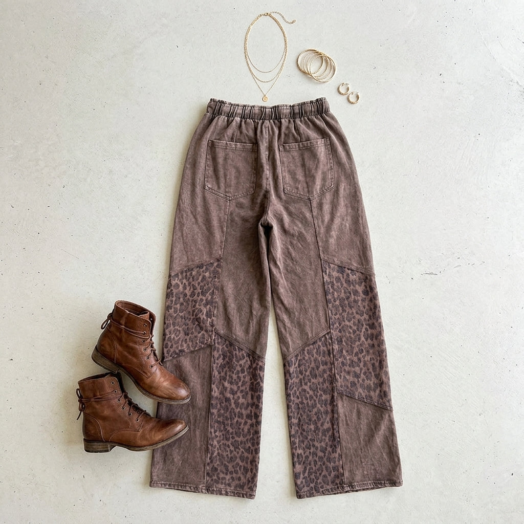 Product flat lay of Coffee Mineral Wash Leopard Patchwork Loose Pants