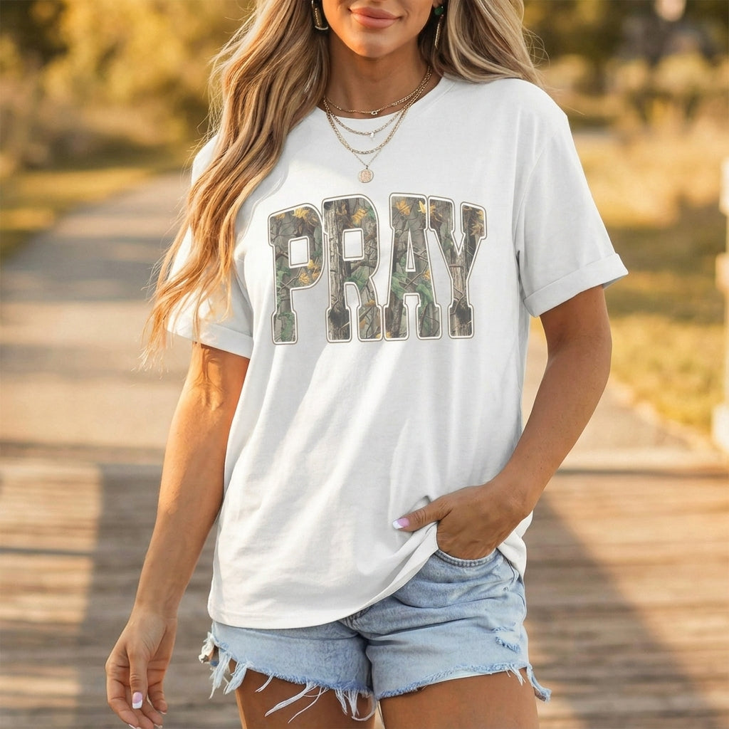 White PRAY camo letter print t-shirt outdoor lifestyle view