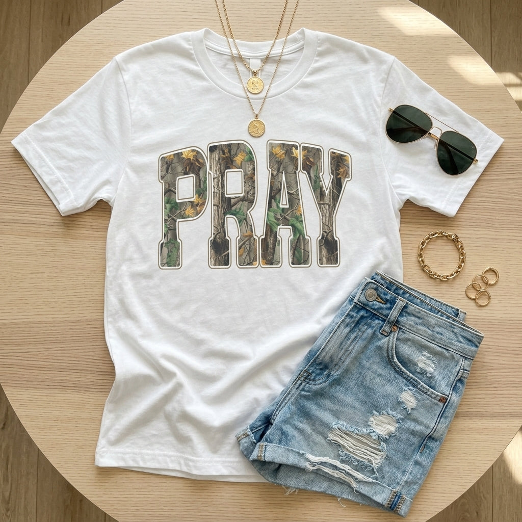 White PRAY camo letter print t-shirt flat lay styled view