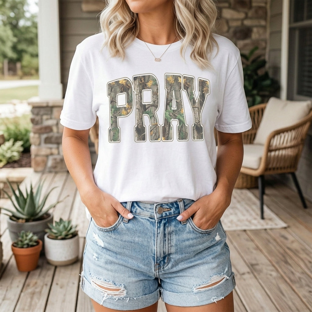 White PRAY camo letter print t-shirt casual model view
