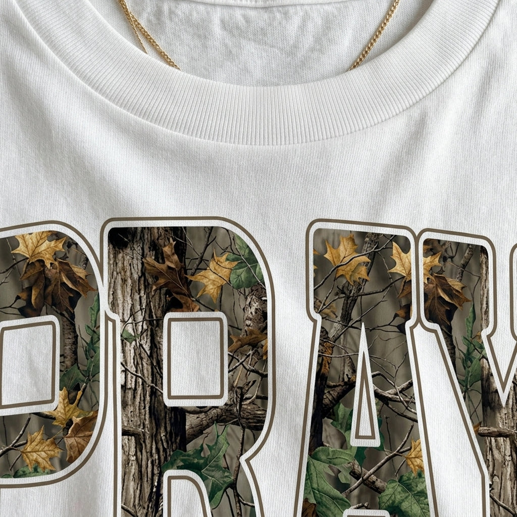 White PRAY camo letter print t-shirt graphic detail view