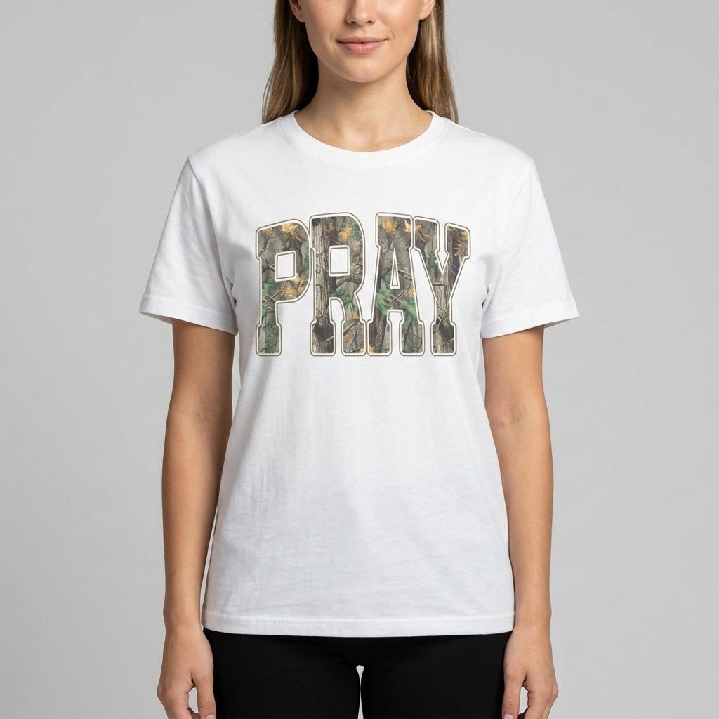 White PRAY camo letter print t-shirt studio hero view