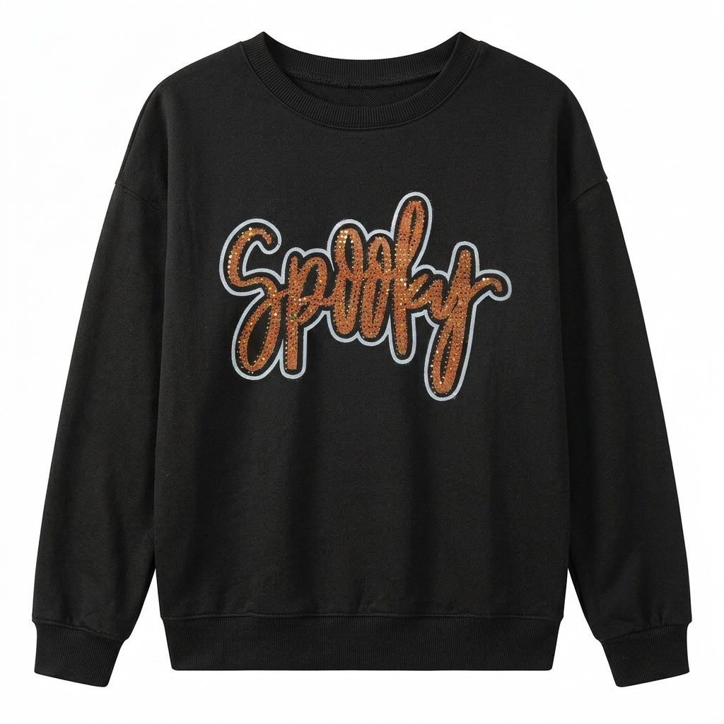 Women's black drop shoulder sweatshirt with rhinestone Spooky lettering