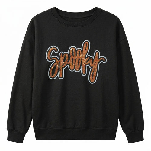 Women's black drop shoulder sweatshirt with rhinestone Spooky lettering