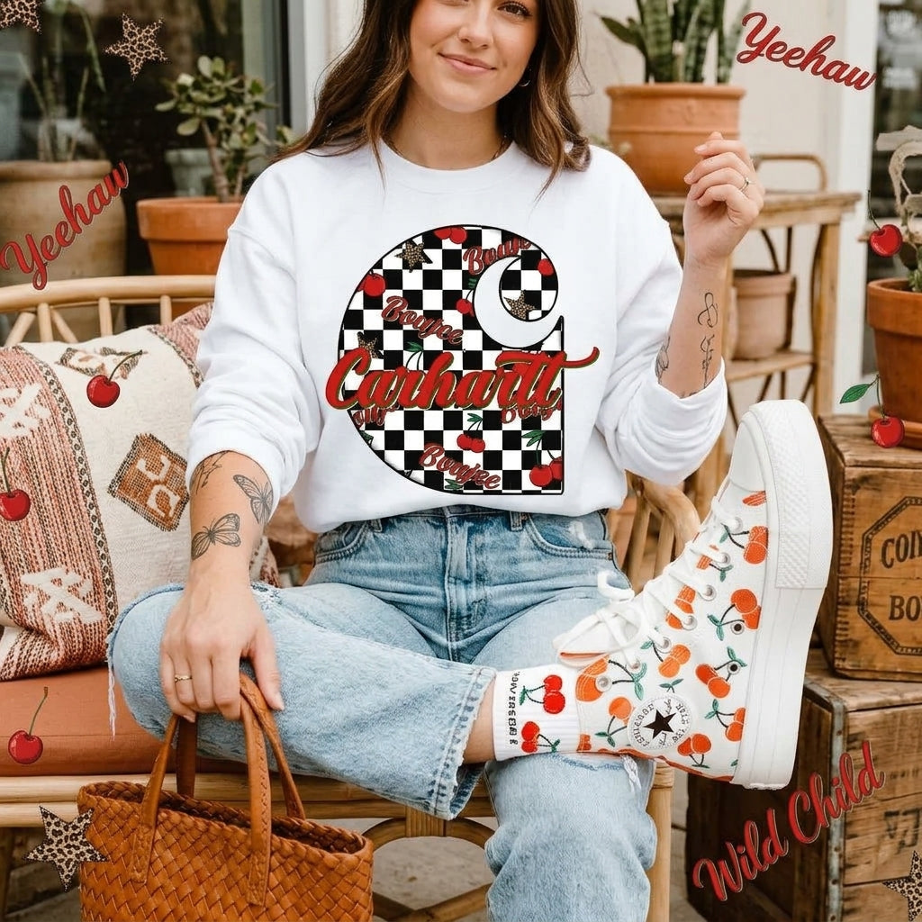 Boujee cherry checkered graphic top, view 3