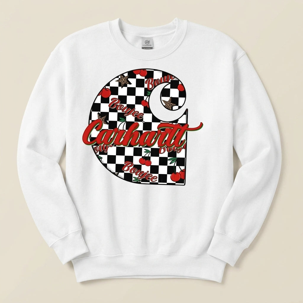Boujee cherry graphic with black and white checkered motif and leopard stars