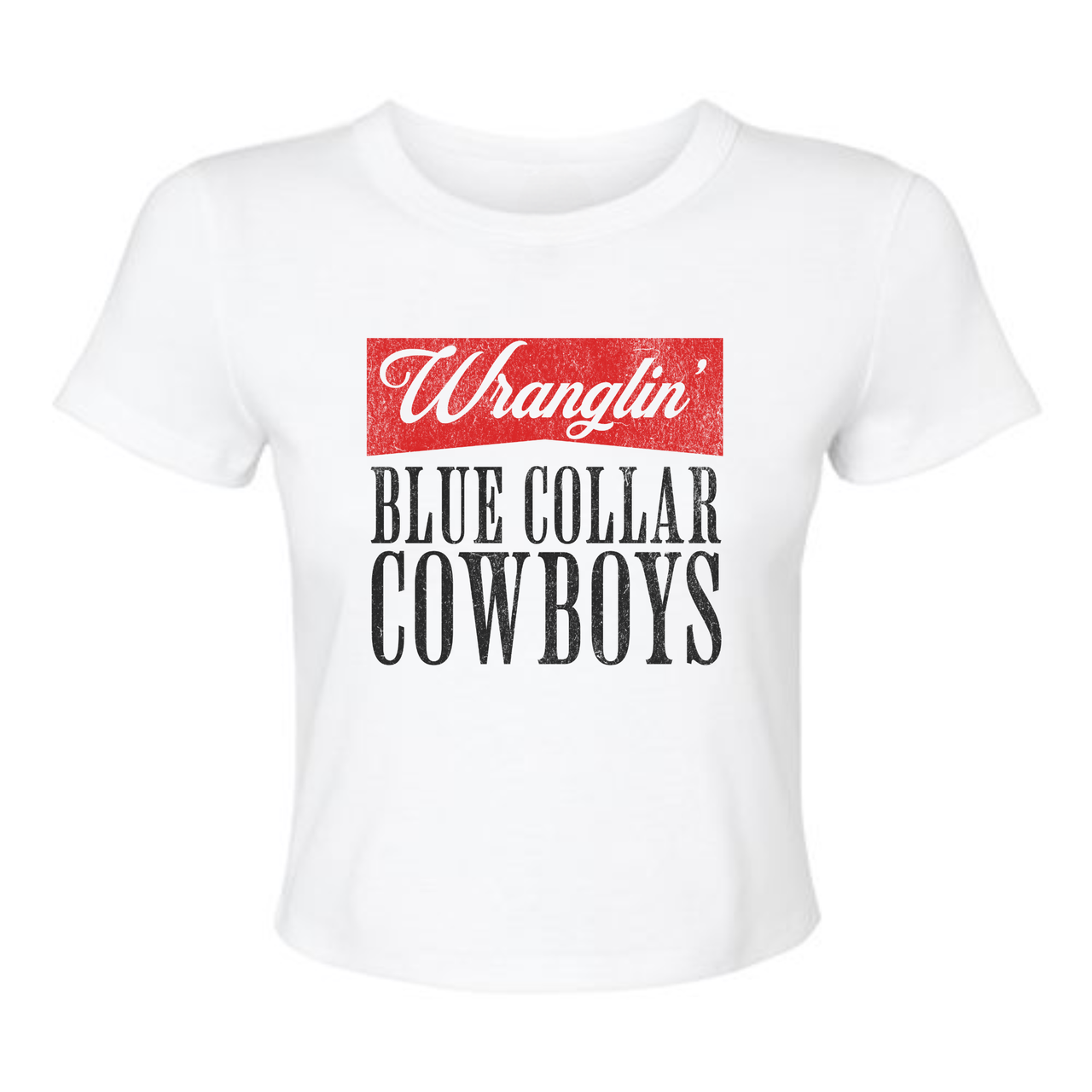 Wranglin’ Blue Collar Cowboys Crop Tee – Western Cowgirl Graphic Shirt