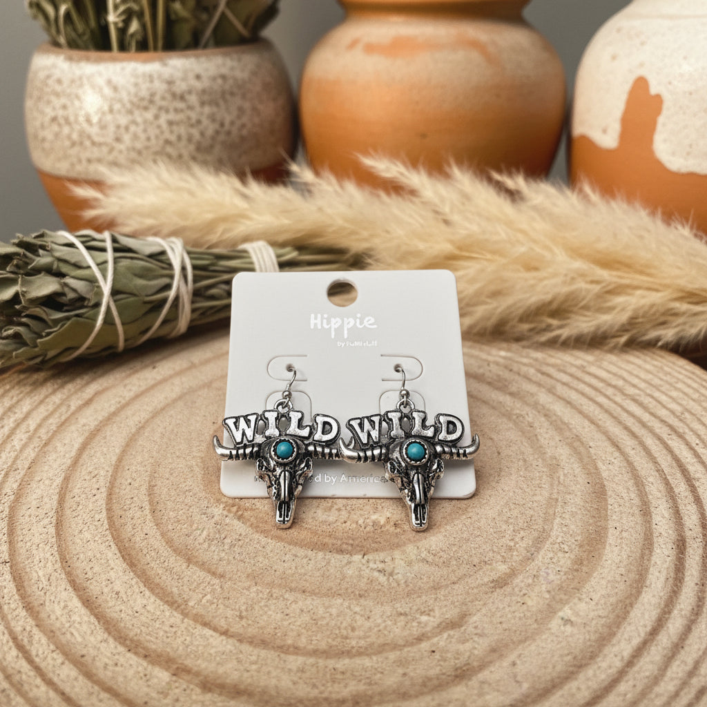 Wild Western Bull Skull Dangle Earrings — Edgy 1½" Drop